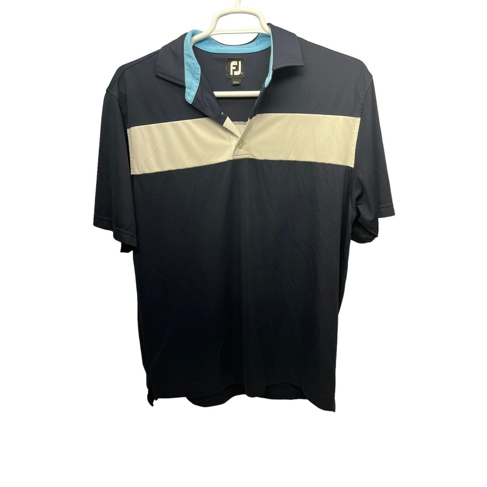 FootJoy FJ Golf Polo Short Sleeve Shirt Striped Color Block White Blue Mens L